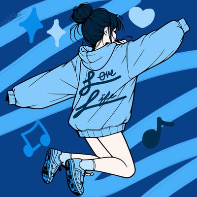 realistic girl jumping with a bun and oversized sweatshirt