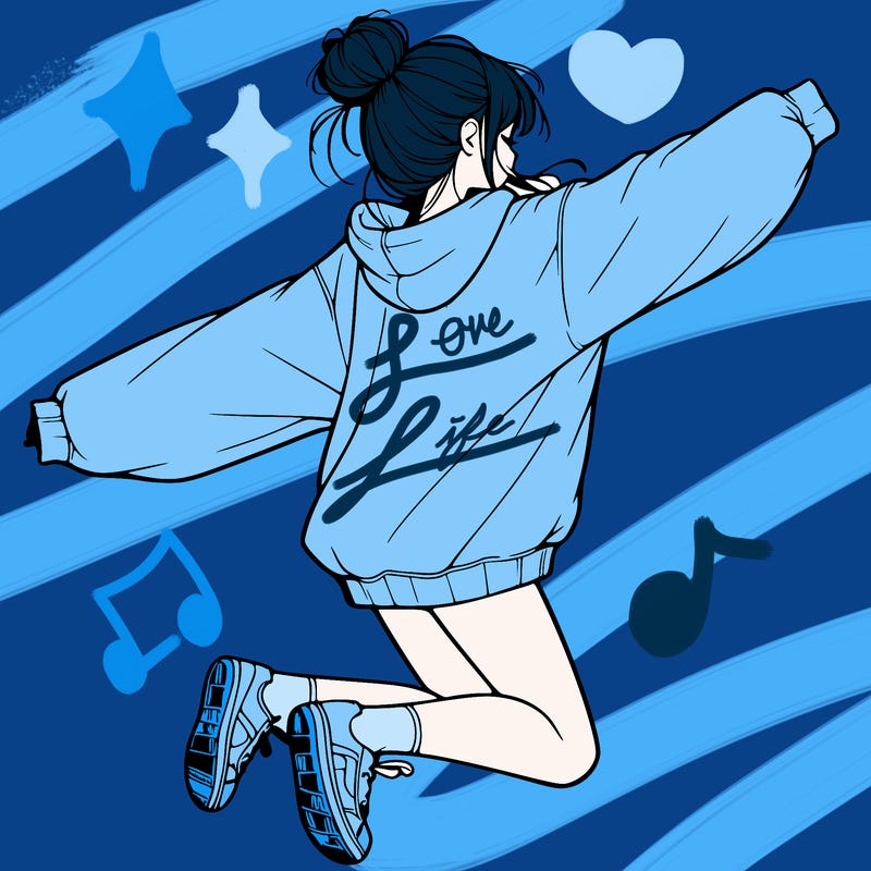 realistic girl jumping with a bun and oversized sweatshirt