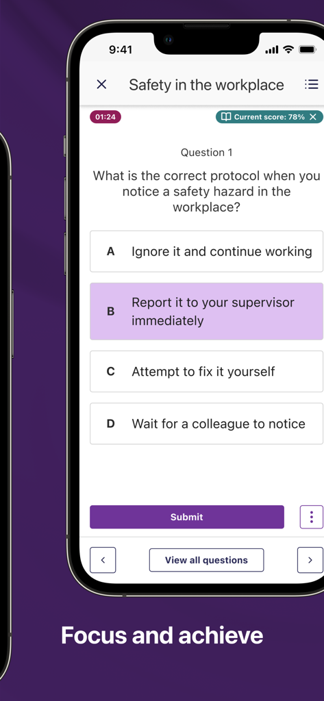 Schoox - A multiple choice safety protocol quiz on the Schoox workplace learning app.