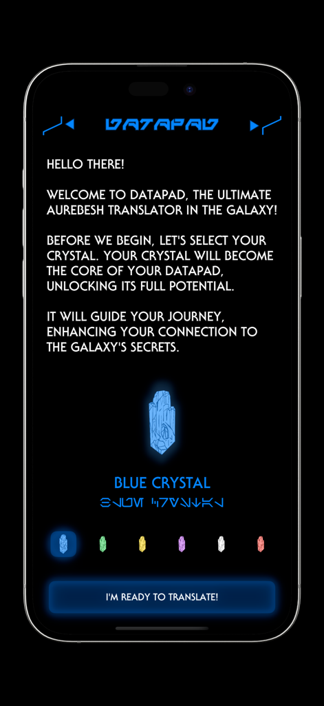 Pantalla de bienvenida de la aplicación Traductor de Aurebés Datapad que muestra un menú de selección de cristal azul en una interfaz temática galáctica.
