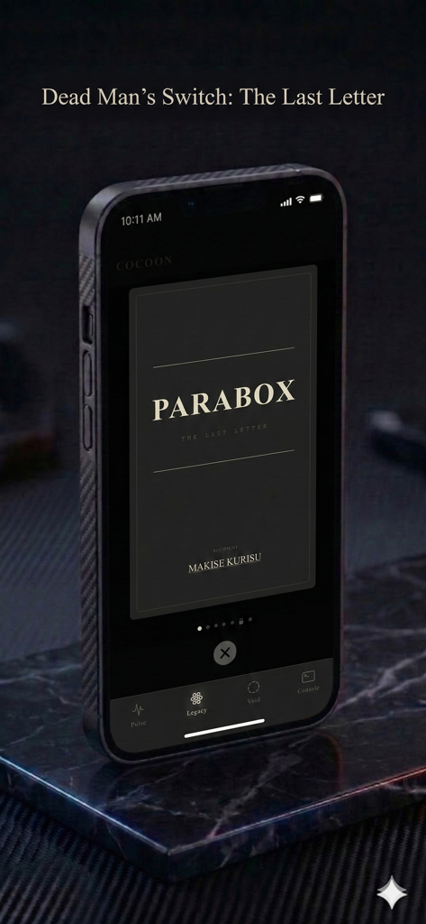 Smartphone mostrando la aplicación Parabox con la pantalla de la última carta del Interruptor de Hombre Muerto para un destinatario designado