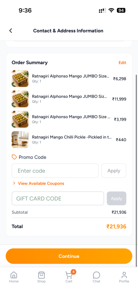 Dhanshe Farm - Order summary screen of the Dhanshe Farm app showing several boxes of Ratnagiri Alphonso mangoes and mango chilli pickle in the shopping cart.