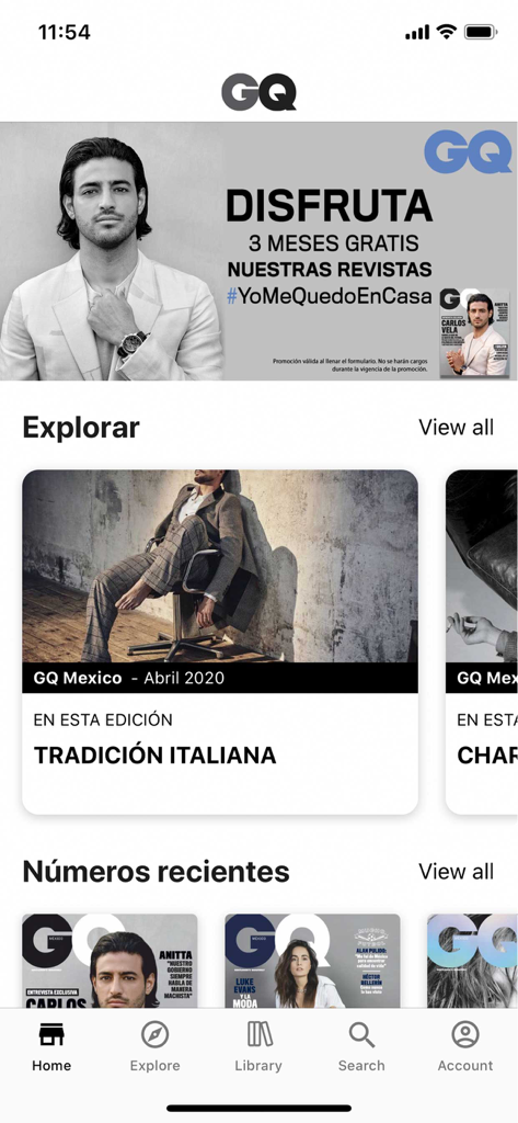 GQ México - The home screen of the GQ Mexico app showing fashion articles and recent magazine issues