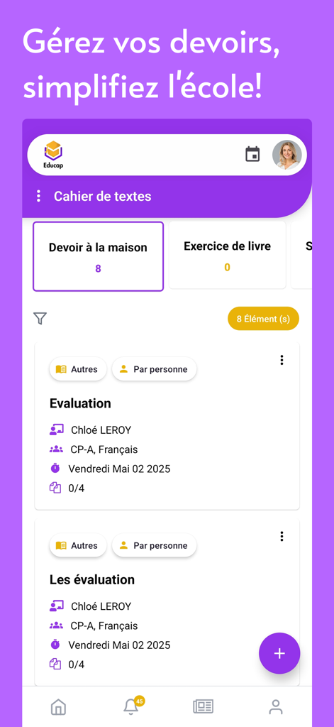 Educap - Interface of Educap mobile app for tracking school homework and evaluations.