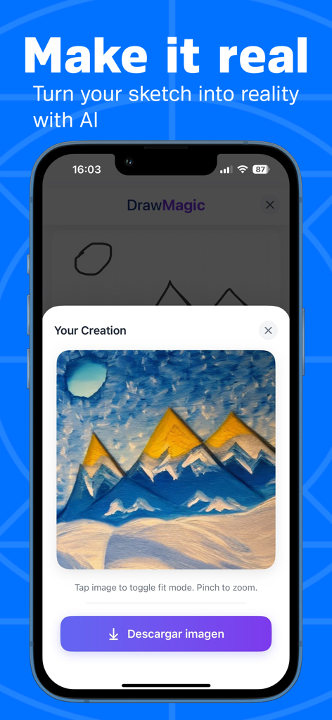 Interfaz de DrawMagic AI mostrando un boceto simple transformado en una pintura vibrante de un paisaje montañoso.