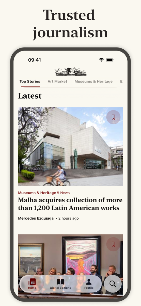 Interface of The Art Newspaper mobile app featuring art world news and trusted journalism.