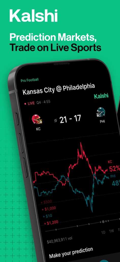 Kalshi mobile app interface showing live sports prediction market for pro football