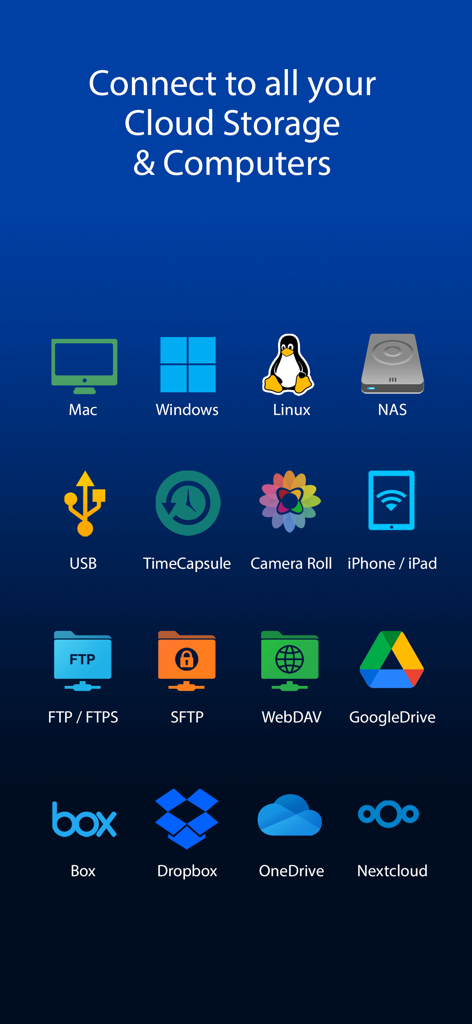 Icons of supported cloud storage and network drive connections including Mac Windows Linux NAS and Dropbox