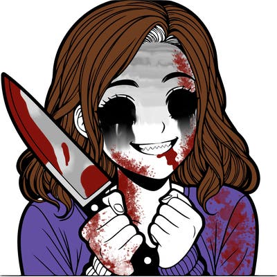 a realistic girl holding a knife and grinning