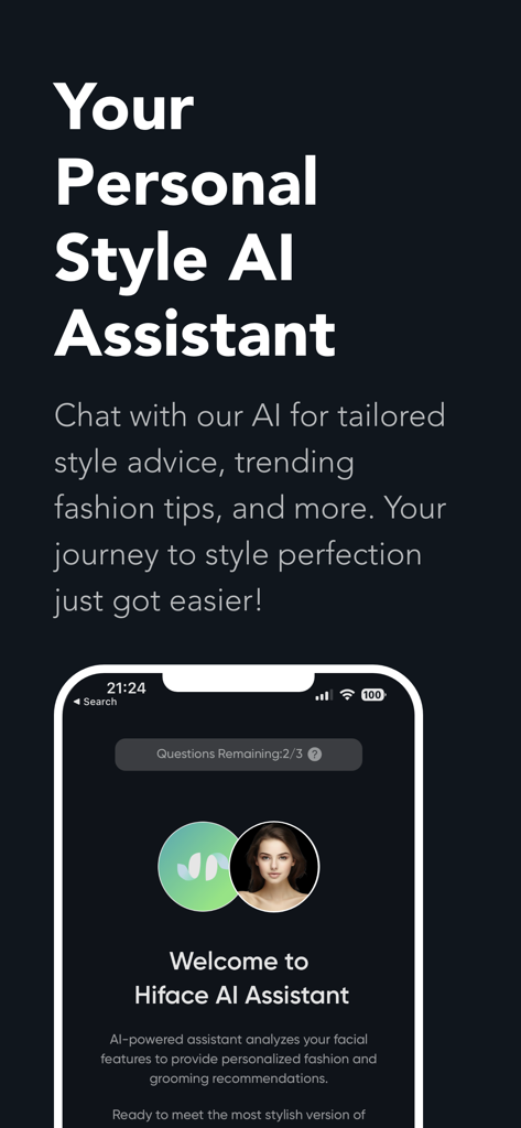 Hiface - Face Shape Finder - パーソナライズされたファッションとグルーミングのアドバイスのためのパーソナルスタイルAIアシスタントを表示するHifaceアプリのインターフェース