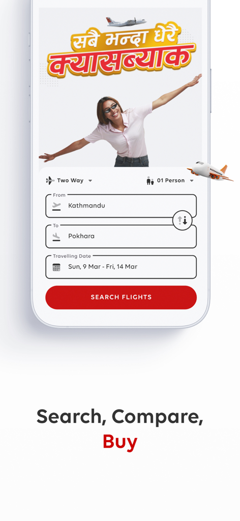 IME Pay app screen for searching and booking domestic flights in Nepal