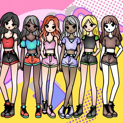 a group of girls wearing crop tops and shorts