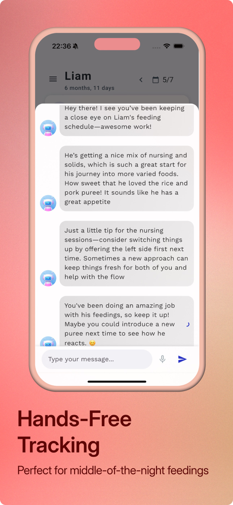 Bloom Baby Tracker - Auto Log - AI chat interface in the Bloom Baby Tracker app providing personalized feeding insights and tips for a baby named Liam.