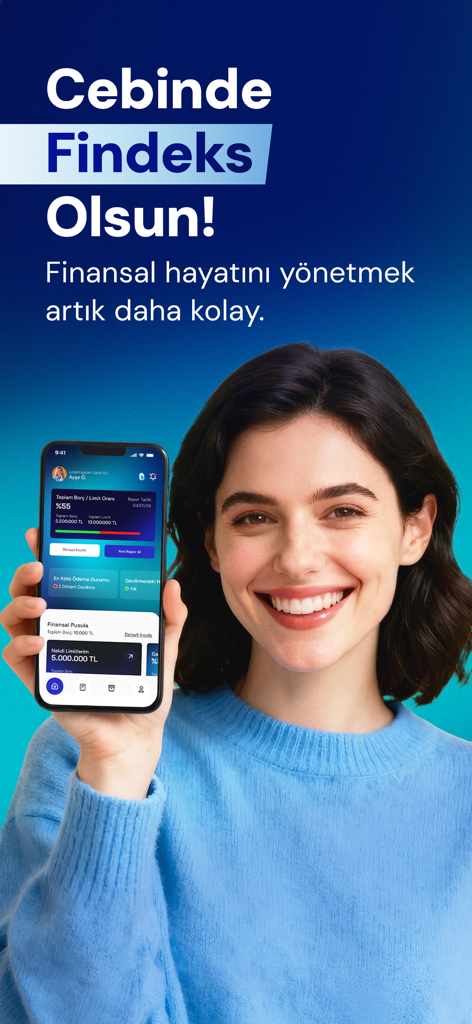 A young woman holding a smartphone showing the Findeks credit score and financial report dashboard.