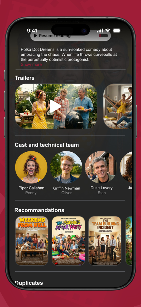 Interfaz del reproductor IPTV SeeClap mostrando el elenco y recomendaciones de detalles de película en iPhone