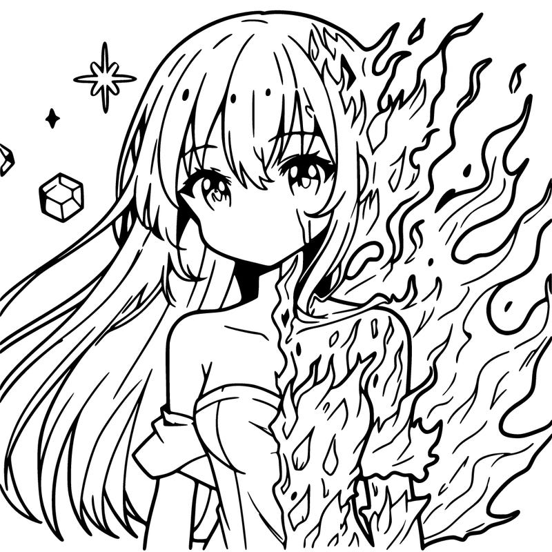 anime girl with ice on one side of her body and fire on the other side