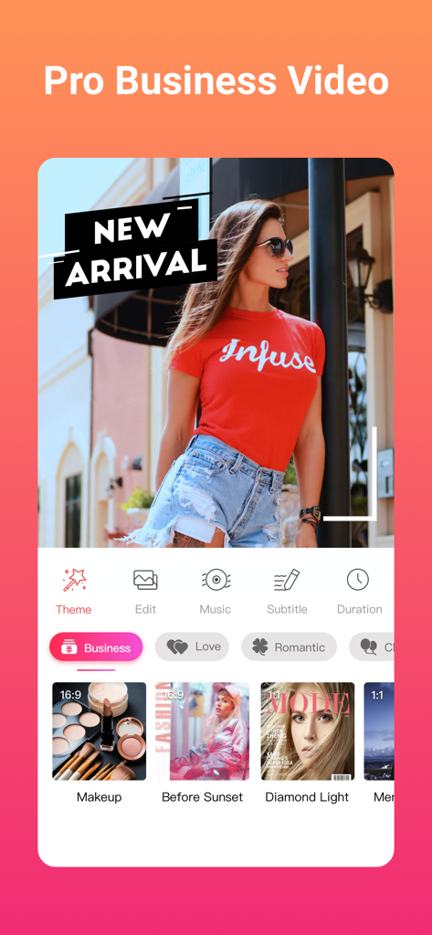 Interface de l'application SlidePlus montrant un thème vidéo d'entreprise avec un modèle professionnel et des modèles marketing