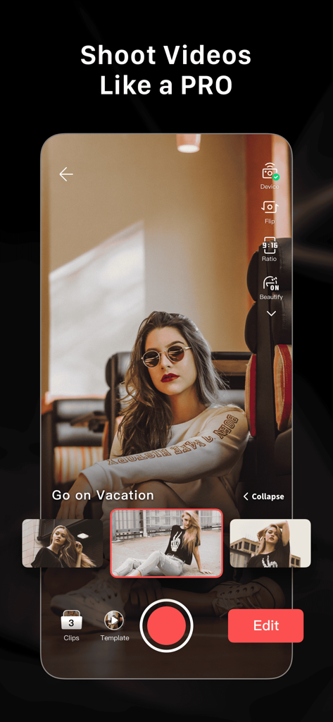 LightCut - AI Video Editor - Interfaccia dell'app LightCut che mostra una schermata di ripresa professionale con una modella e modelli video