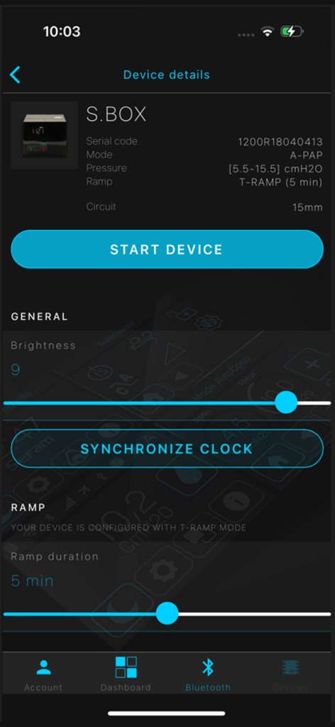 Sefam Access Lite app device details screen showing S.Box CPAP settings and start button