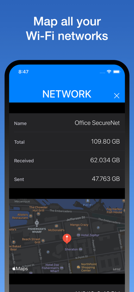 WifiMan from DataMan - 特定のネットワークのデータ使用統計とその地図上の位置を表示するWifiManアプリのインターフェース