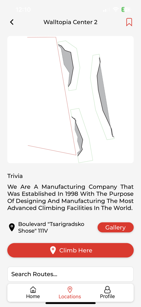 클라이밍 짐 평면도와 위치 세부 정보 및 클라이밍 시작 버튼을 보여주는 모바일 앱 인터페이스.