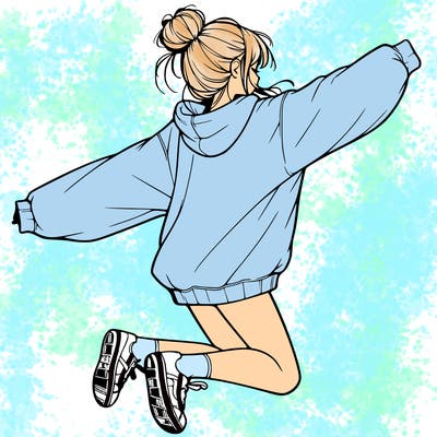 realistic girl jumping with a bun and oversized sweatshirt