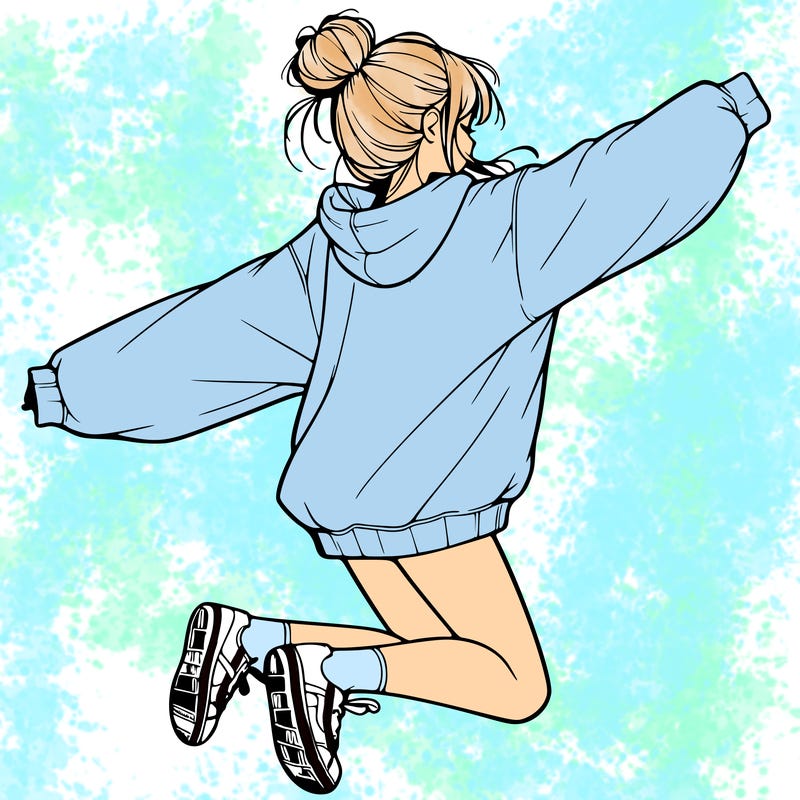 realistic girl jumping with a bun and oversized sweatshirt
