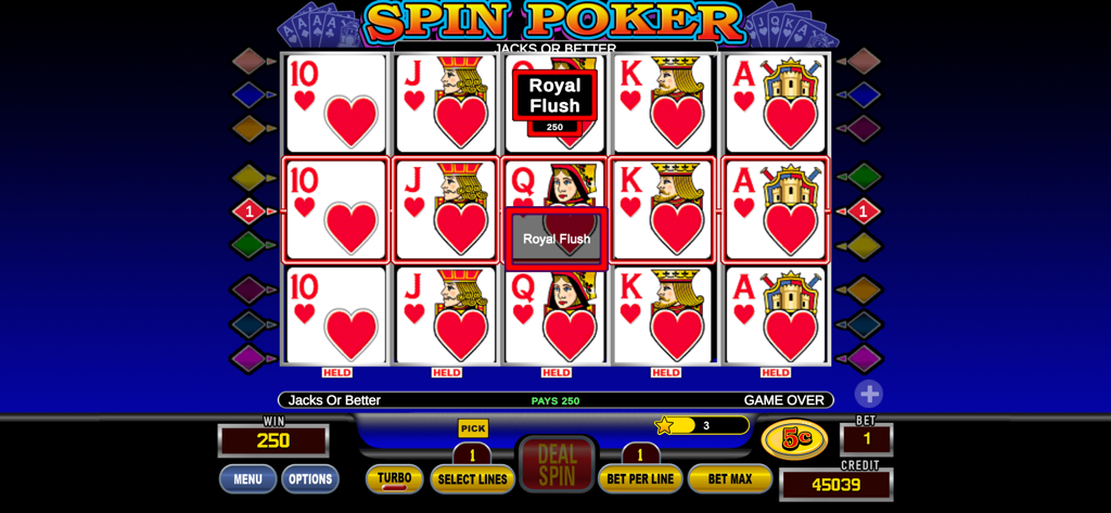 Une victoire Full Royal sur l'écran d'un jeu de casino Spin Poker Jacks or Better