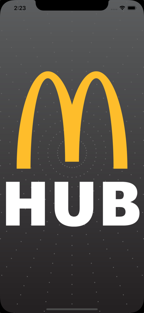 McDonald's Events Hub - Pantalla de inicio de la aplicación McDonald's Events Hub con el logo de los arcos dorados y la palabra HUB