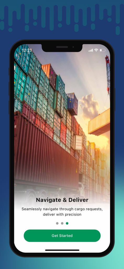Sana Logistics - Onboarding screen of the Sana Logistics app showing shipping containers and a Get Started button.