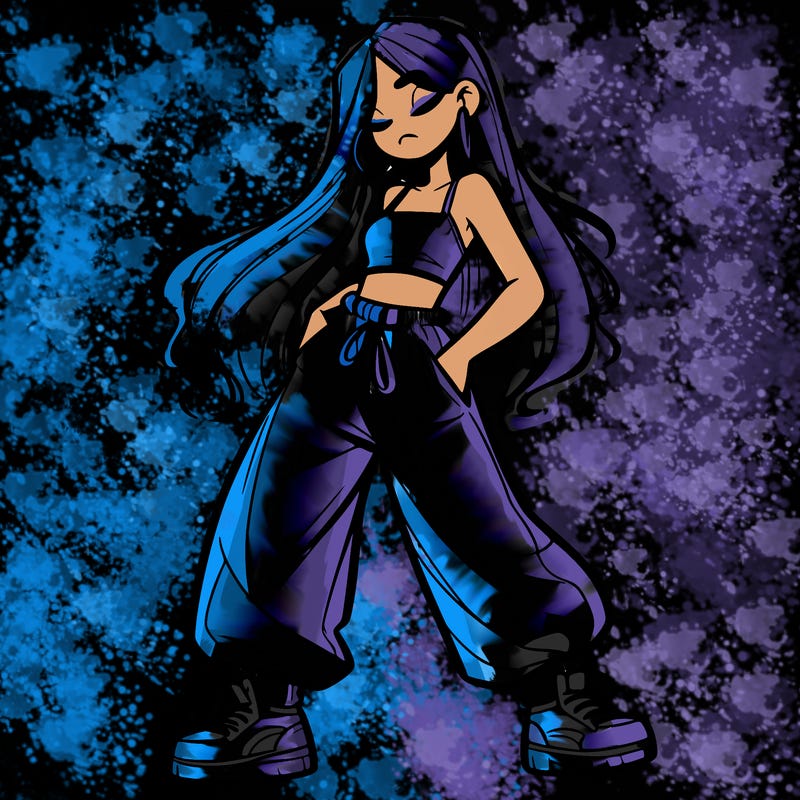 girl in baggy pants crop top and long hair