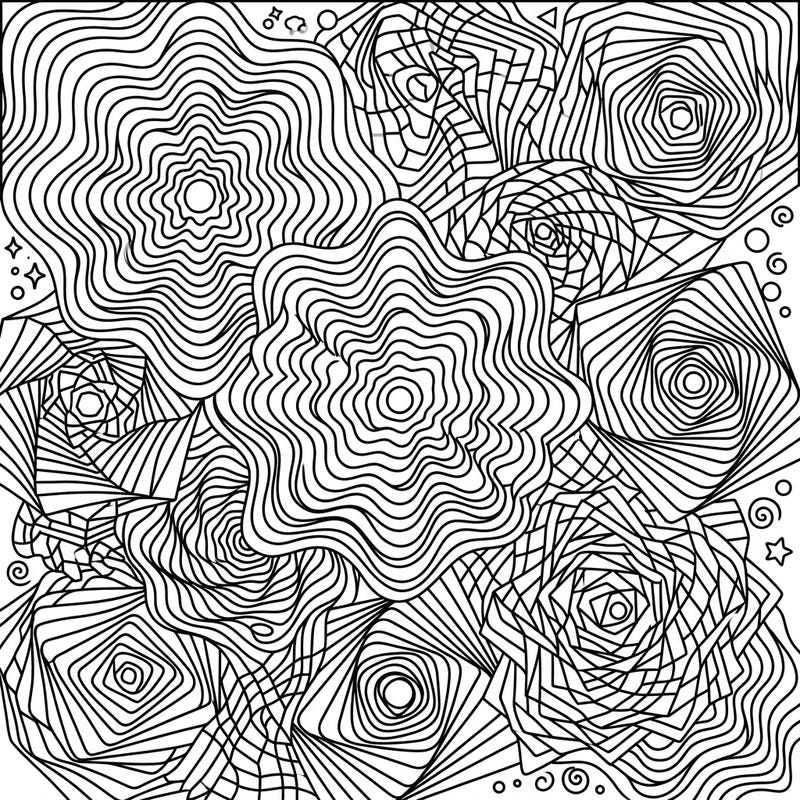 Unleash your creativity with this captivating Op Art geometric patterns coloring page. Explore a world of swirling lines and optical illusions, designed to challenge and delight colorists of all ages.