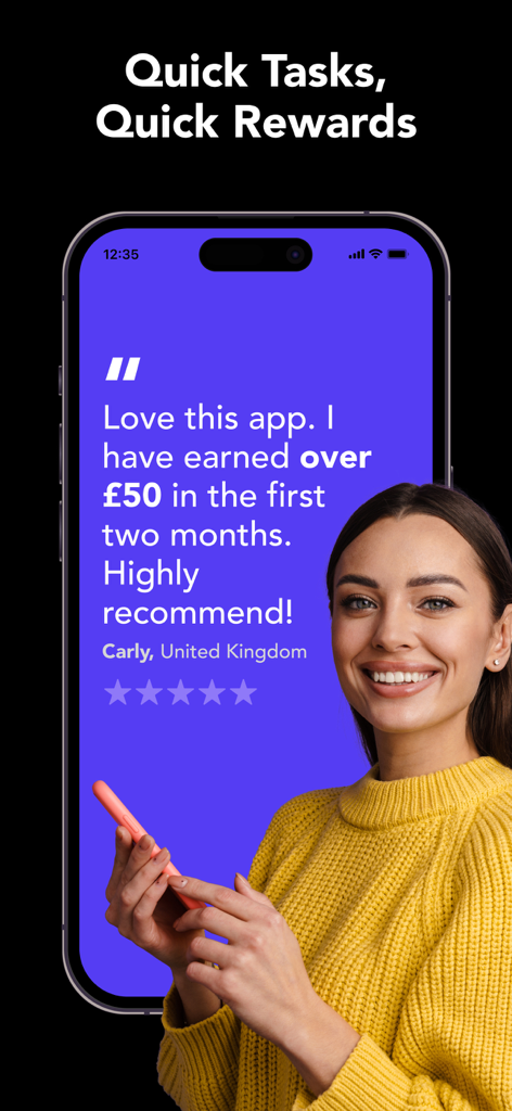 Un smartphone mostrando un testimonio de usuario de cinco estrellas para la app de recompensas MSR con una mujer sonriente en primer plano.
