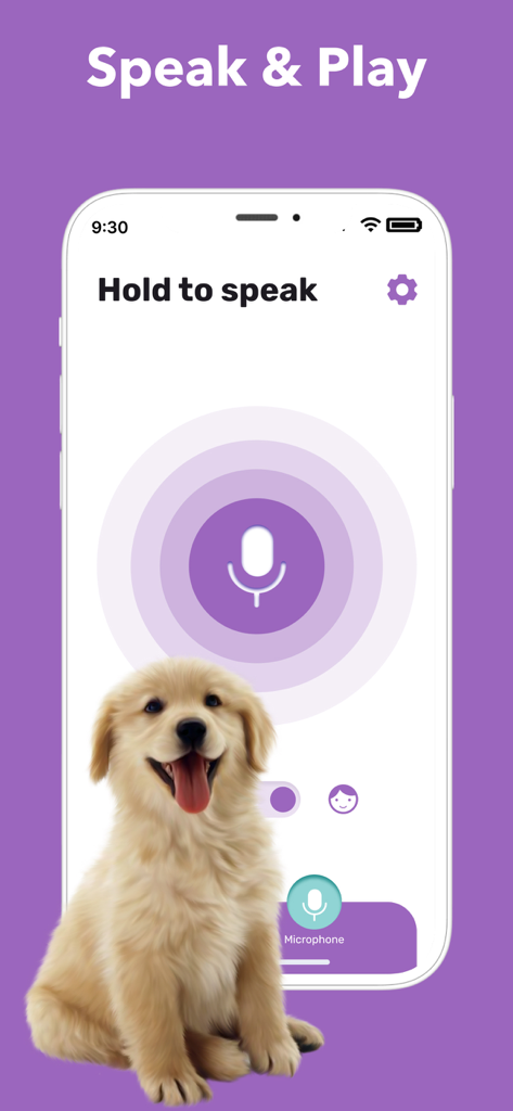Dog Play & Whistle Games - Dog Play and Whistle Games app showing the speak and play microphone interface with a puppy