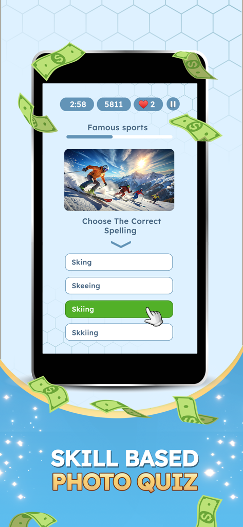 Photo Quiz: Win Real Money - A smartphone screen showing a skill-based photo quiz where a player identifies the correct spelling for a skiing image to win money.