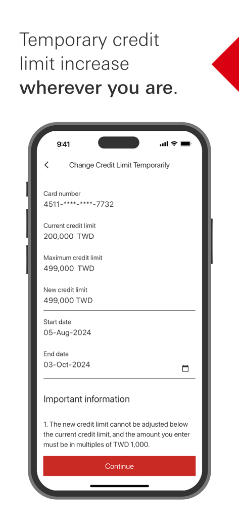 HSBC(TW) Credit Card - Pantalla de la aplicación móvil de HSBC Taiwán para solicitar un aumento temporal del límite de crédito.