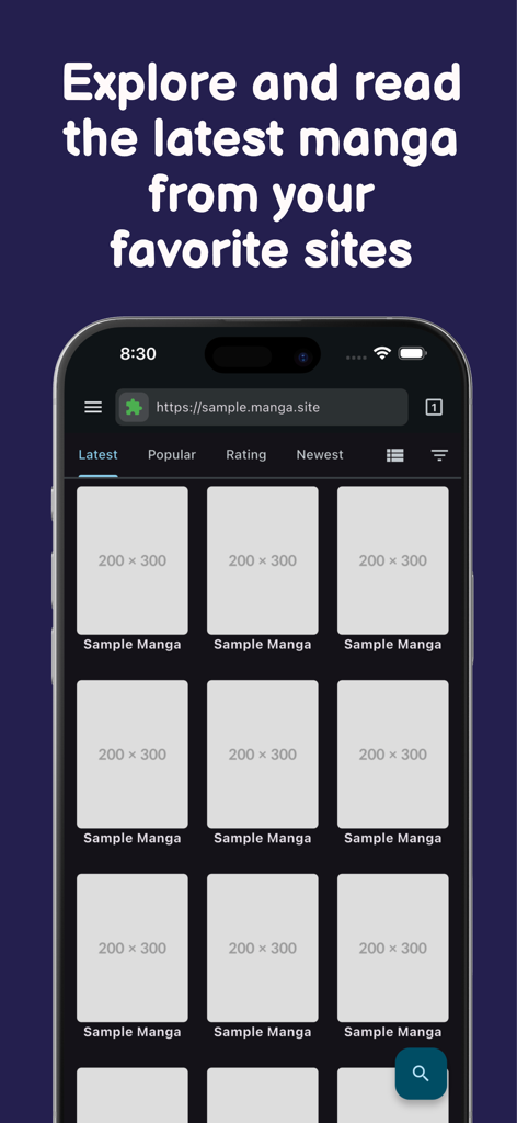 Manga Cookie Browser - Interface do aplicativo Manga Cookie Browser exibindo uma grade de títulos de mangá na aba mais recente