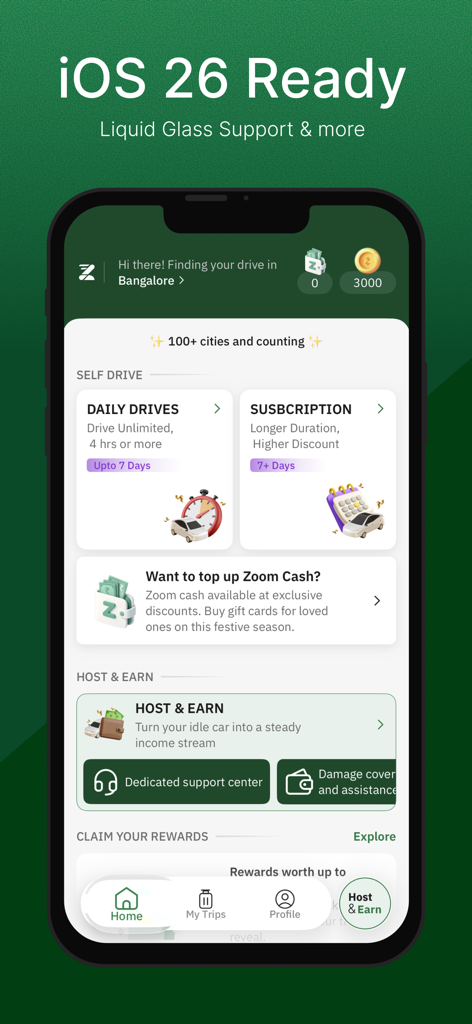 El panel de inicio de la aplicación móvil Zoomcar mostrando funciones de alquiler y anfitrión