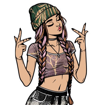realistic teenage girl with braids and a beanie and crop top doing 🫶🏼