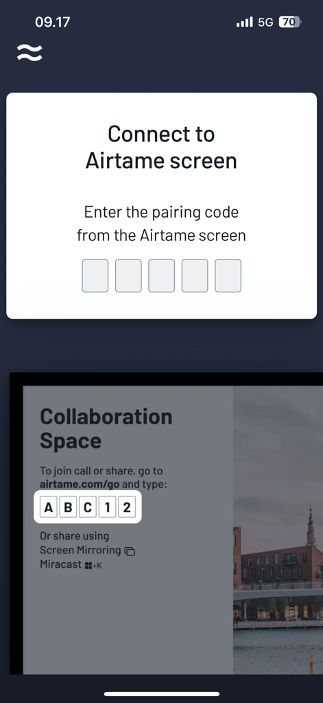 Airtame - Airtame mobile app screen showing the entry field for a pairing code to wirelessly connect to a display.