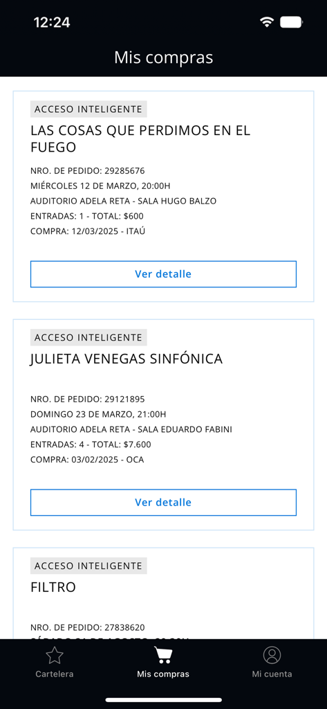 tickantel - Interface de l'application Tickantel affichant une liste de billets d'événements achetés, y compris les détails pour le théâtre et les concerts de musique.