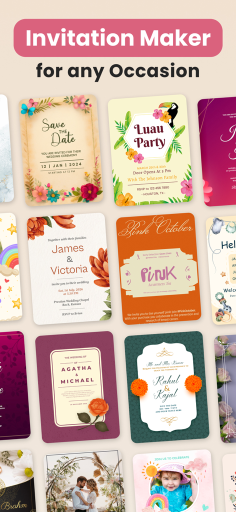 Invitation Maker - Greetings - Eine Vielzahl von anpassbaren Einladungsvorlagen für Hochzeiten, Geburtstage und Partys