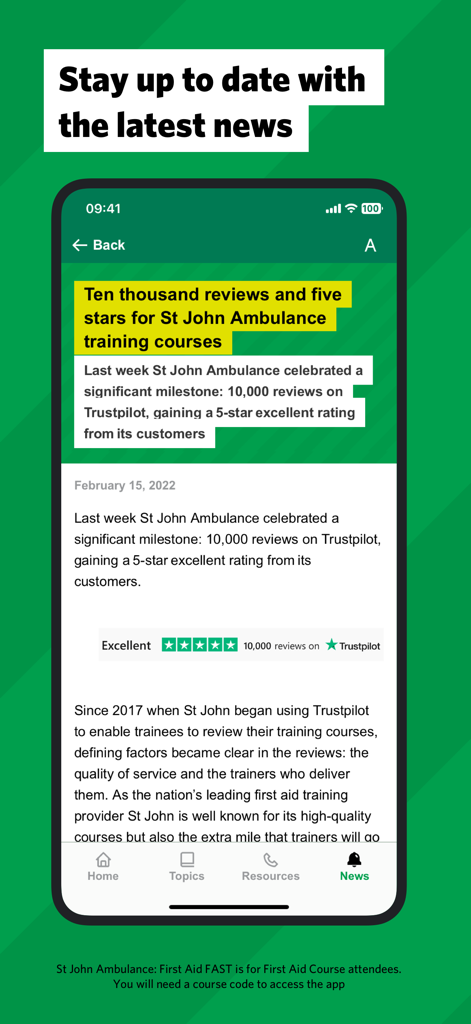 Uma captura de tela da seção de notícias do aplicativo SJA First Aid Fast mostrando um artigo sobre críticas de cursos de treinamento cinco estrelas