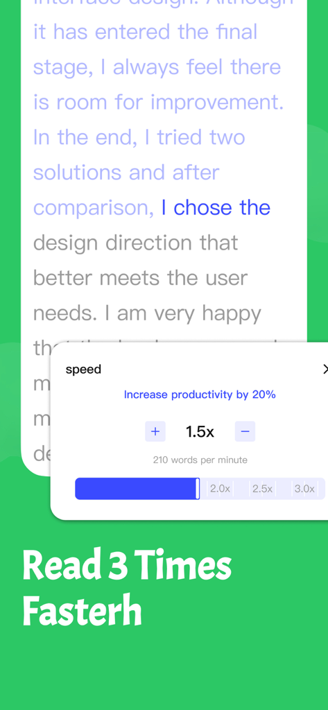 Interface of TTSpeech app showing adjustable reading speed set to 1.5x for increased productivity.