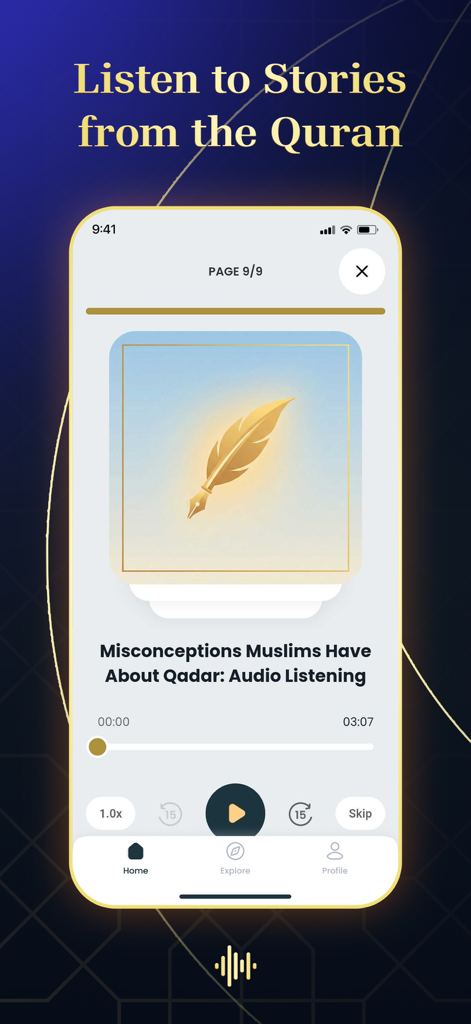 AyahPath Daily: Learn Quran - Interfaz para escuchar historias en audio del Corán en la aplicación AyahPath Daily.
