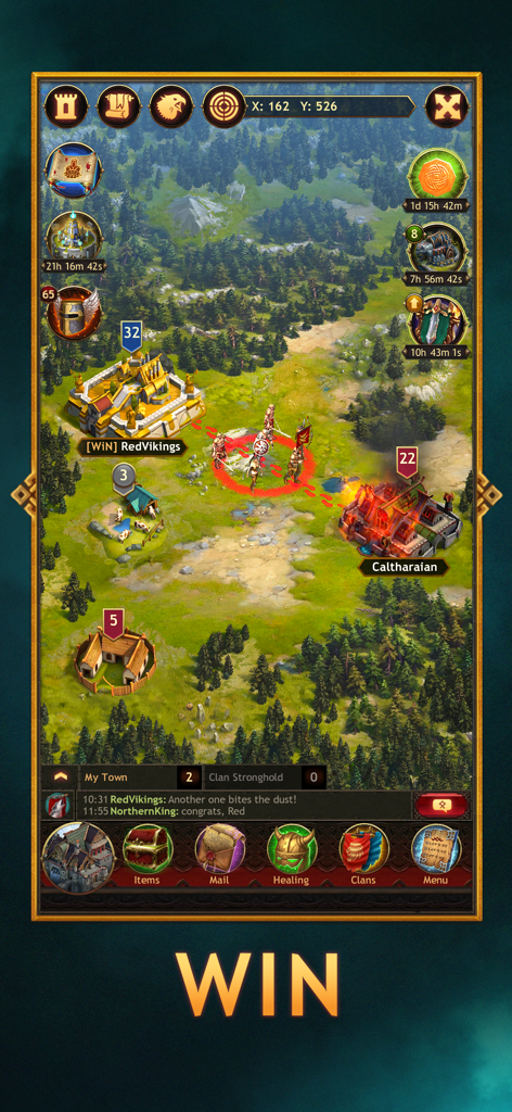 Strategic world map view in Vikings War of Clans showing a battle victory and town buildings in a 4X strategy setting.