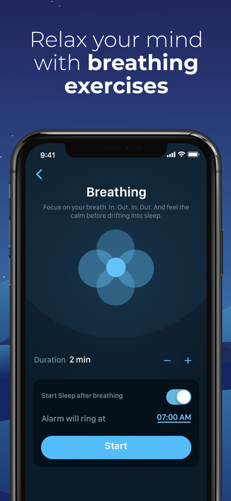 Sleepzy app interface showing a guided breathing exercise for relaxation before sleep