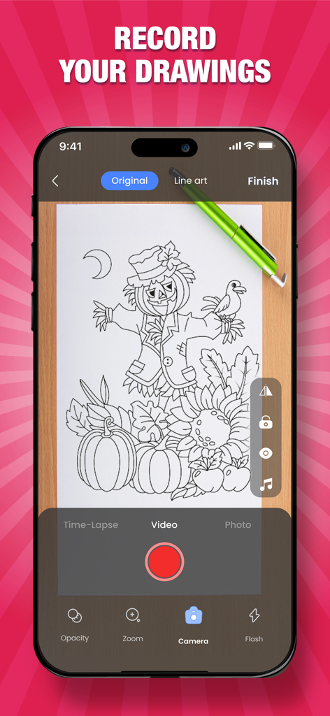 Interfaccia dell'app Draw Anime che mostra la funzione di registrazione video utilizzata per catturare il processo di disegno di uno schizzo di uno spaventapasseri