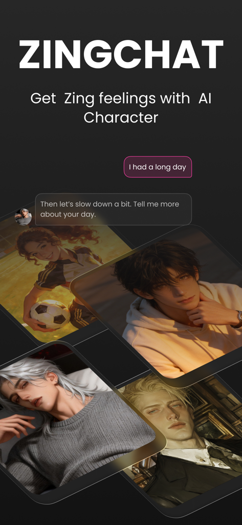 ZingChat: AI Character Chat - ZingChat app interface showing various AI character avatars and a chat conversation example
