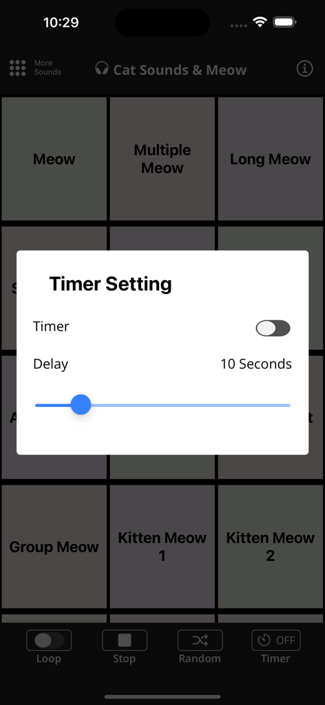Cat Sounds & Meow - A screenshot of the Cat Sounds and Meow app interface featuring a timer setting popup to delay cat sound effects.